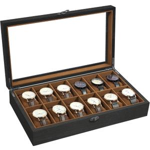 Uten Solid Wood Watch Box, 12 Slot Watch Case with Soft Pillow, Watch Display Case with Glass Lid, Watch Holder Organizer, Watch and Jewelry Storage, Gift Ideas