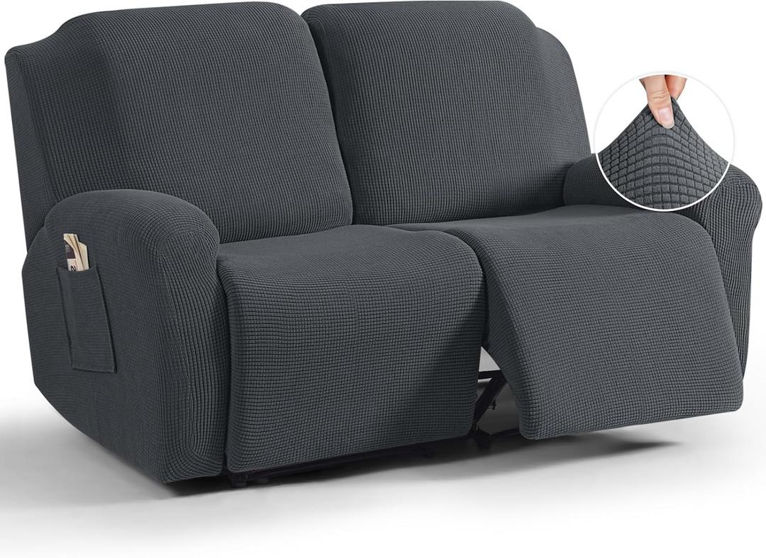 TAOCOCO Recliner Loveseat Slipcover, 6 Pieces Dual Recliner Sofa Covers for 2 Seat Dual Reclining Loveseat Couch, Stretch Soft Jacquard Pattern Furniture Protector with Elasticity (2XL, Charcoal Grey)