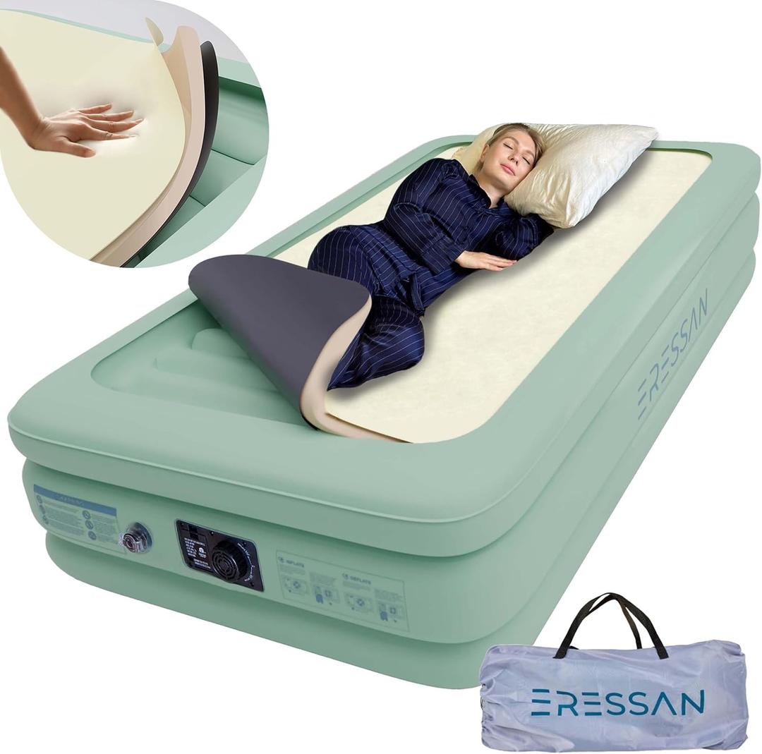 Twin Air Mattress with Build in Pump, Silk Foam Topper, 2in1 Blow Up Mattress 16" Tall with Ultra Soft 2.5" Foam Pad, Inflatable Mattress for Home, Travel, Guests, Camping Air Bed, Portable