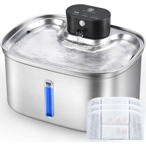 Wireless Cat Water Fountain Stainless Steel, 169oz/5L Cordless Smart Pet Water Fountain with 5000mAh Battery & Ultra Quiet Pump, Automatic Pet Water Dispenser for Cats & Dogs, 3 Filters