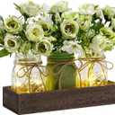 3 Pcs Mason Jar Centerpiece Table Decorations for Dining Farmhouse Coffee Table Decor with Wood Tray and Led Light Table Centerpieces for Dining room Kitchen Living Bathroom,Green