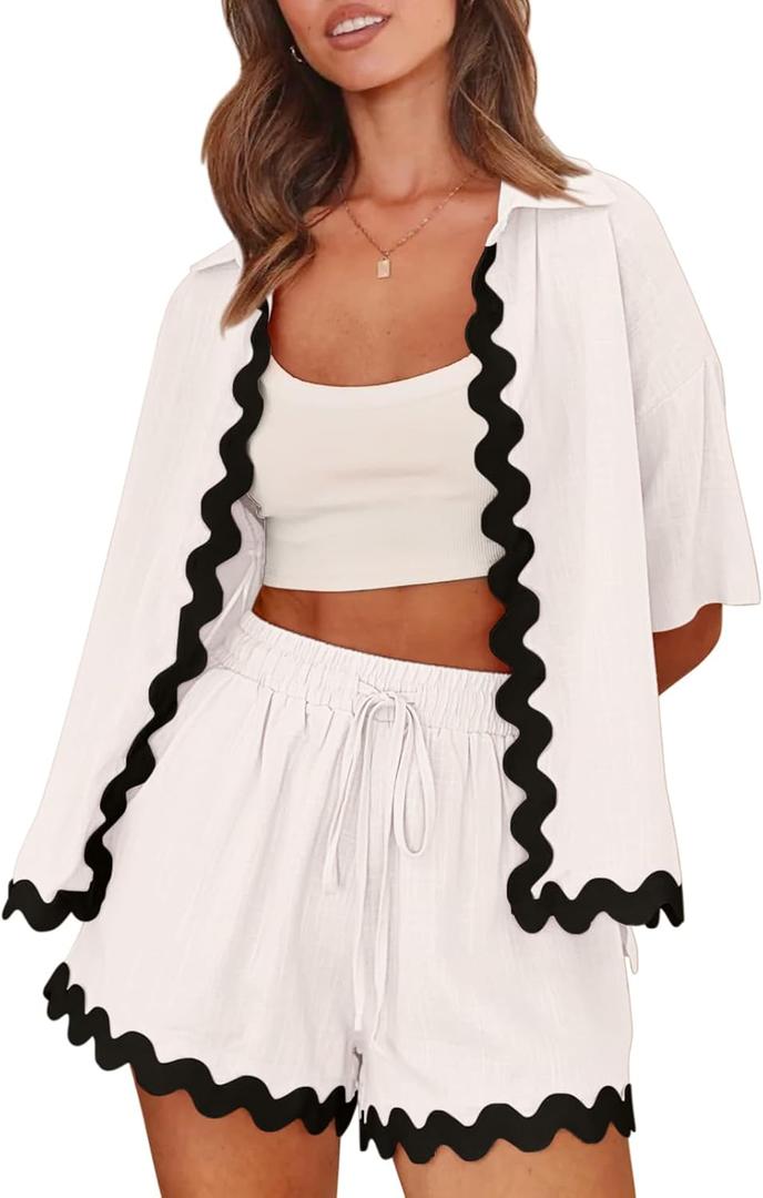 Shy Velvet Lounge Sets for Women Two Piece Sets Summer Pajama Sets Linen Cotton Vacation Outfits With Stylish Ric Rac Trim (L)