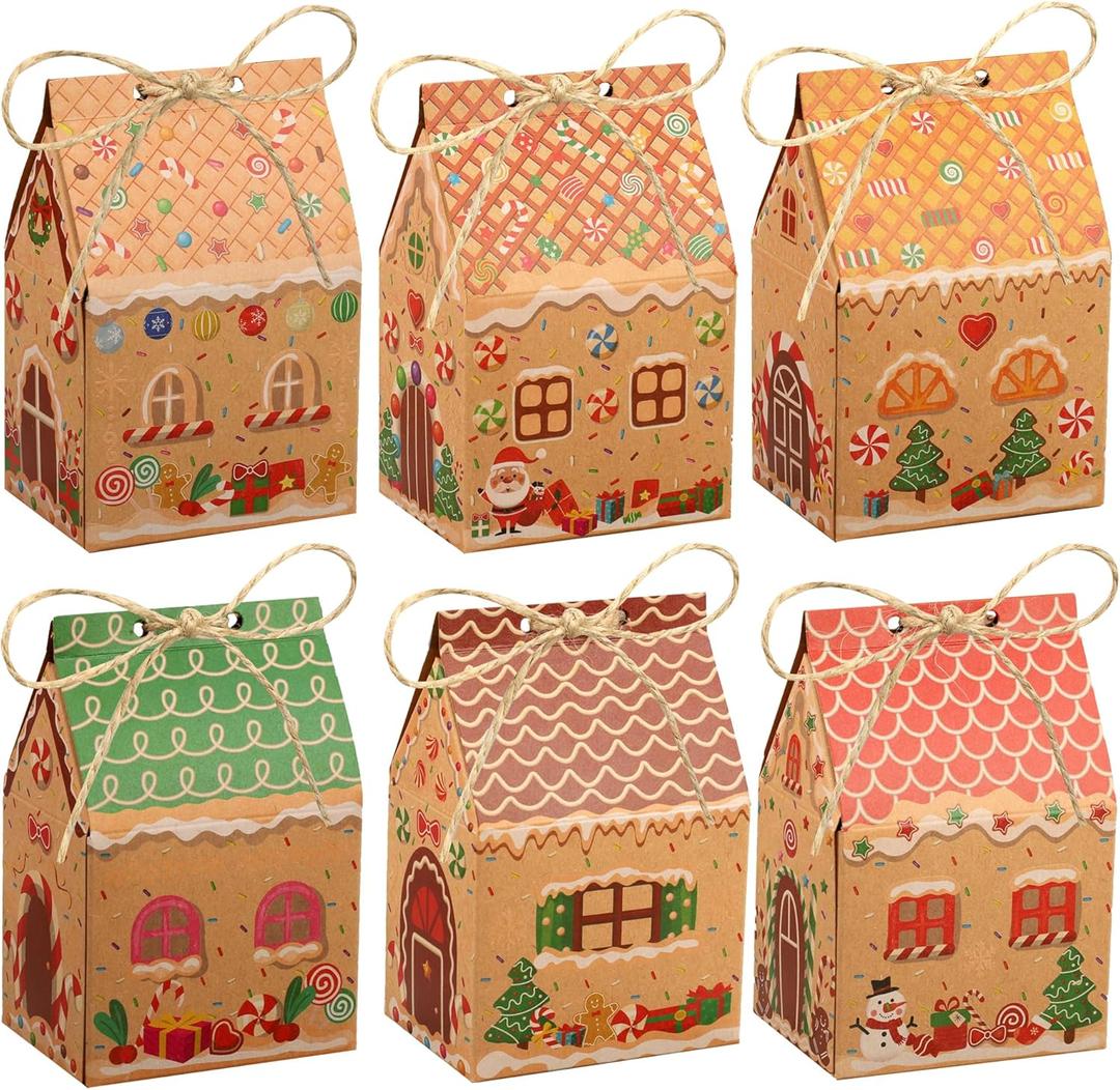 peony man 48 PCS Christmas Gingerbread House Treat Boxes Gingerbread Kraft Paper Gift Box Christmas Candy House Treat Goodie Cookie Boxes for Xmas Holiday Party Favor Supplies Snack Gift Packaging