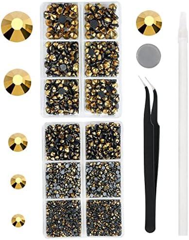 MEIBITE 6796PCS Gold Hotfix Rhinestones Crystal Stones Glass for Fabric Clothes Shirts Sparkly Flat Back Round with Tweezers and Picking Pen (SS6~SS30 Set)