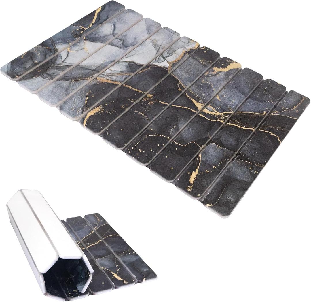 Large Stone Dish Drying Mat for Kitchen Counter, 24"16" Black Marble Quick Drying Mat with Sanding Pads Non-Slip Roll Up Absorbent Diatomaceous Earth Mat for Dishes Bottles Cups