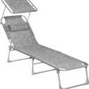 SONGMICS Sun Lounger, Patio Chaise Lounge Chair, Folding, with Canopy, 76 x 20.9 x 11.4 Inches, Holds 330 lb, Headrest, Adjustable Backrest, Outdoor Garden Pool, Greige GCB19T, 193 x 53 x 29 cm