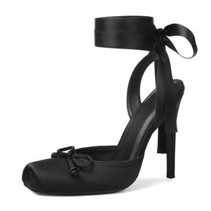 Celbreez Ballet Heels Satin Stiletto Heels for Women Close Square Toe Slingback Bow Lace Up High Black Heels Women's Pumps Strappy Mary Jane Ballerina Heels Party Wedding Cute Shoes, Size 9.5