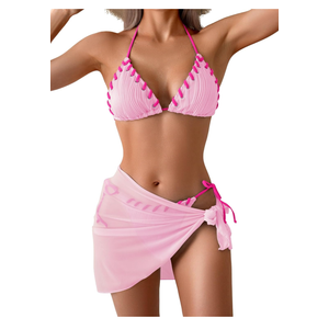 B2prity Women's Bikini Sets 3 Piece Swimsuit Halter Triangle Mesh Sarong Wraps Bathing Suit with Coverups Size S