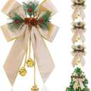 Yinkin Christmas Tree Wreath Bow Christmas Ribbon Bows with Bells 11 x 7.8 in Velvet Pine Cone Bowknot Xmas Tree Hanging Ornaments Decor for Home Xmas Party Outdoor Indoor(Champagne Gold,4 Pcs)