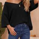 Saodimallsu Womens Short Sleeve Sweater Summer Oversized V Neck Knitted Pullover Trendy Casual Tops (L)