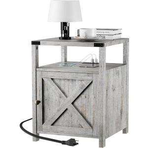 Farmhouse Nightstand with Charging Station, Grayish White End Table Bedroom with Storage Living Room Side Table Beige Night Stand Industrial Bedside Bed Table with USB Ports and Outlets, Grayish White Farmhouse Nightstand with Charging Station, Grayish White End Table Bedroom with Storage Living Room Side Table Beige Night Stand Industrial Bedside Bed Table with USB Ports and Outlets, Grayish White