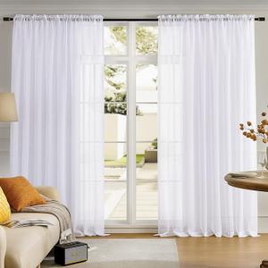 MYSTIC-HOME Sheer Curtains White 84 Inches Long, Window Treatments Rod Pocket Drapes for Living Room, Bedroom, Semi Crinkle Voile Extra Wide Curtains for Yard, Villa, Parlor, 108"x 84"