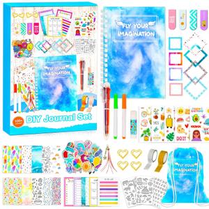 DIY Journal Set for Ages 8-14, Cool Birthday Gifts, Cute Journaling Art Crafts, Personalized Diary Scrapbook Supplies Kit, Ideal Girls Toys - Blue