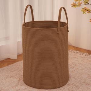 Large Woven Laundry Basket Hamper,60L Cotton Rope Storage Bin for Blankets,Toys and Clothes,Decorative Tall Nursery Hamper for Living Room, Baby Nursery, Bathroom and Bedroom, Golden Jute