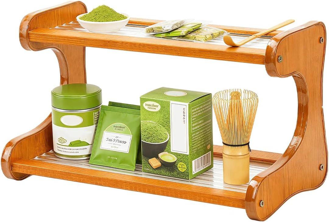 Matcha Station Shelf, 2 Tier Acrylic Matcha Stand Bar Organizer for Mugs, Syrup, Cups & Mug Holder Countertop, Wooden Shelf Condiment Storage Caddy for Kitchen, Home, Office (Brown Acrylic Base)