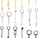 Hicarer 18 Pcs Men Dangle Hanging Earrings Hinged Dangle Stainless Steel Huggie Hoop Long Chain Pendant with Feather Leaf Bar Black Gold Silver