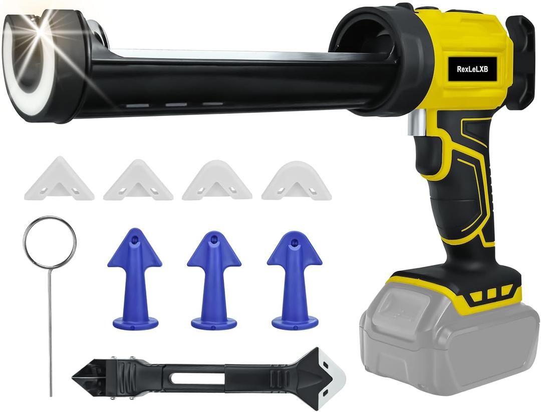 Cordless Caulking Gun for Dewalt 20V Battery, Electric Caulk Adhesive Gun with 450lm LED Light, 4 Adjustable Speeds, Drip-free Caulk Gun, 10oz/300ml Caulking Tool for Filling, Sealing(No Battery)