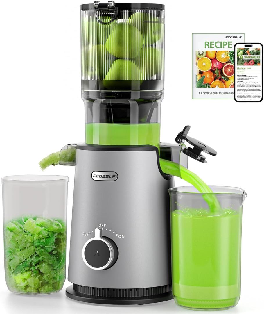Cold Press Juicer, ECOSELF Juicer Machines with Large Feed Chute Fit Whole Fruits & Vegetables, Self Feeding for Juice Extractor Machine, Easy to Clean and Assemble, High Juice Yield (Light Gray)
