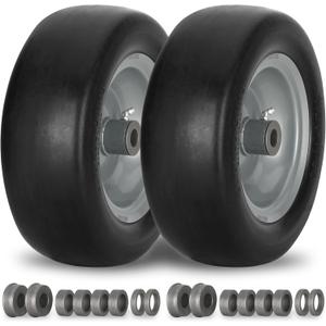 2 PCS 11x4.00-5" Flat Free Lawn Mower Tire on Wheel, 3/4" or 5/8" Bushing, 3.4"-4"-4.5-5" Centered Hub, Universal Fit Smooth Tread Tire for Zero Turn Lawn Mowers, with Universal Adapter Kit