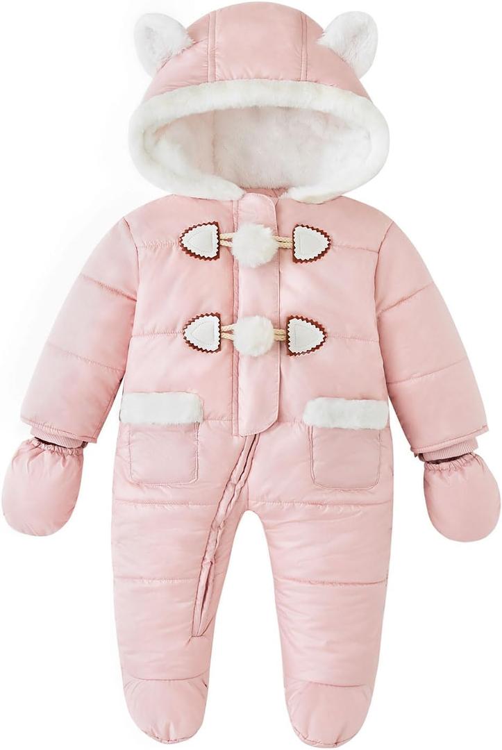 Simplee kids Baby Infant Boys Girls Snowsuit Winter Hooded Footed Warm Jumpsuit Outerwear with Gloves for 3-24 Months (12-18 Months, Light Pink-a)
