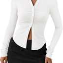 PRETTYGARDEN Womens Button Down Shirts V Neck Collared Ruched Slim Fit Long Sleeve Shirt Casual Spring Fashion Ladies Tops (Small, White)