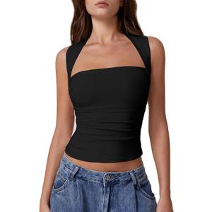 QINSEN Womens Square Neck Tank Tops Side Ruched Double Lined Slim Fit Summer Going Out Crop Top (Medium, Black)