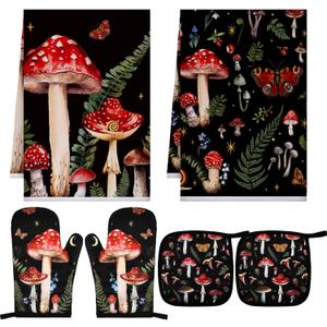 Bencailor 6 Pcs Mushroom Kitchen Towels Oven Mitts and Pot Holders Set Decorative Dish Towels Tea Washcloth Non Slip Heat Resistant Oven Gloves for Summer Home Cooking Baking, Red