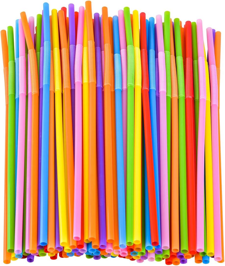 SONGNASS 100PCS Flexible Plastic Straws, Colorful Disposable Bendy Party Fancy Straws12.8inch Extra Long Straws Party Decorations