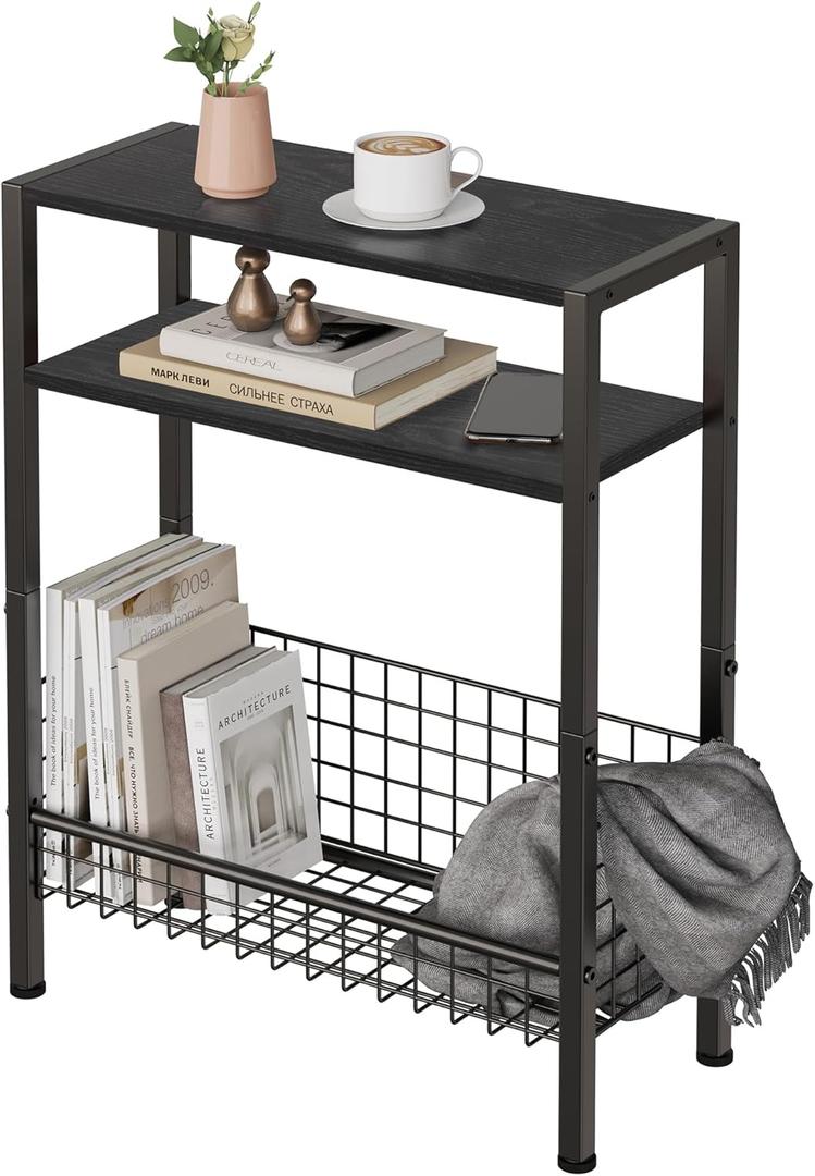 DIY Narrow Side Table, 3 Tier End Table with Various Storage Basket, Slim Sofa Side Table for Small Spaces, Skinny Nightstand, for Living Room, Bedroom, Black