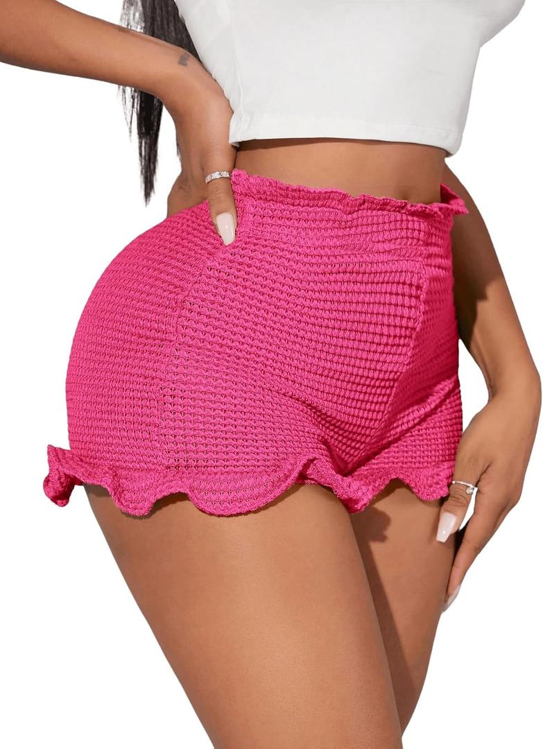 GORGLITTER Women's Ruffle Bloomer Shorts Elastic Waist Crochet Mini Frilly Shorts (Large, Hot Pink)
