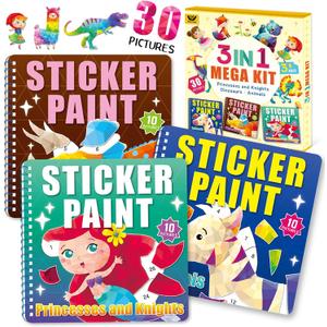 Elite Panda 3PCS Sticker Paint Books for Kids Ages 4-8, Mermaid, Dinosaur, Prince Themes, 30 Pictures, Sticker by Number Arts & Crafts Set, Birthday Christmas Gifts for Girls Boys
