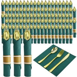 Pre Rolled Gold Plastic Silverware with Green Napkins, 100Pac Rolled Cutlery with Green Dinner Napkin, Heavy Duty Gold Plastic Silverware, Disposable Cutlery with Christmas Napkins