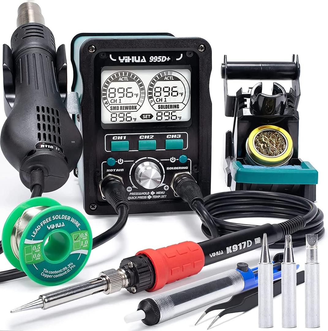 YIHUA 995D+ EVO Soldering Hot Air Station Kit 2-IN-1 110W Soldering Iron with LCD Display, Power Meter, Preset Channels, Sleep Mode, C-F Conversion, Automatic Shutdown Functions