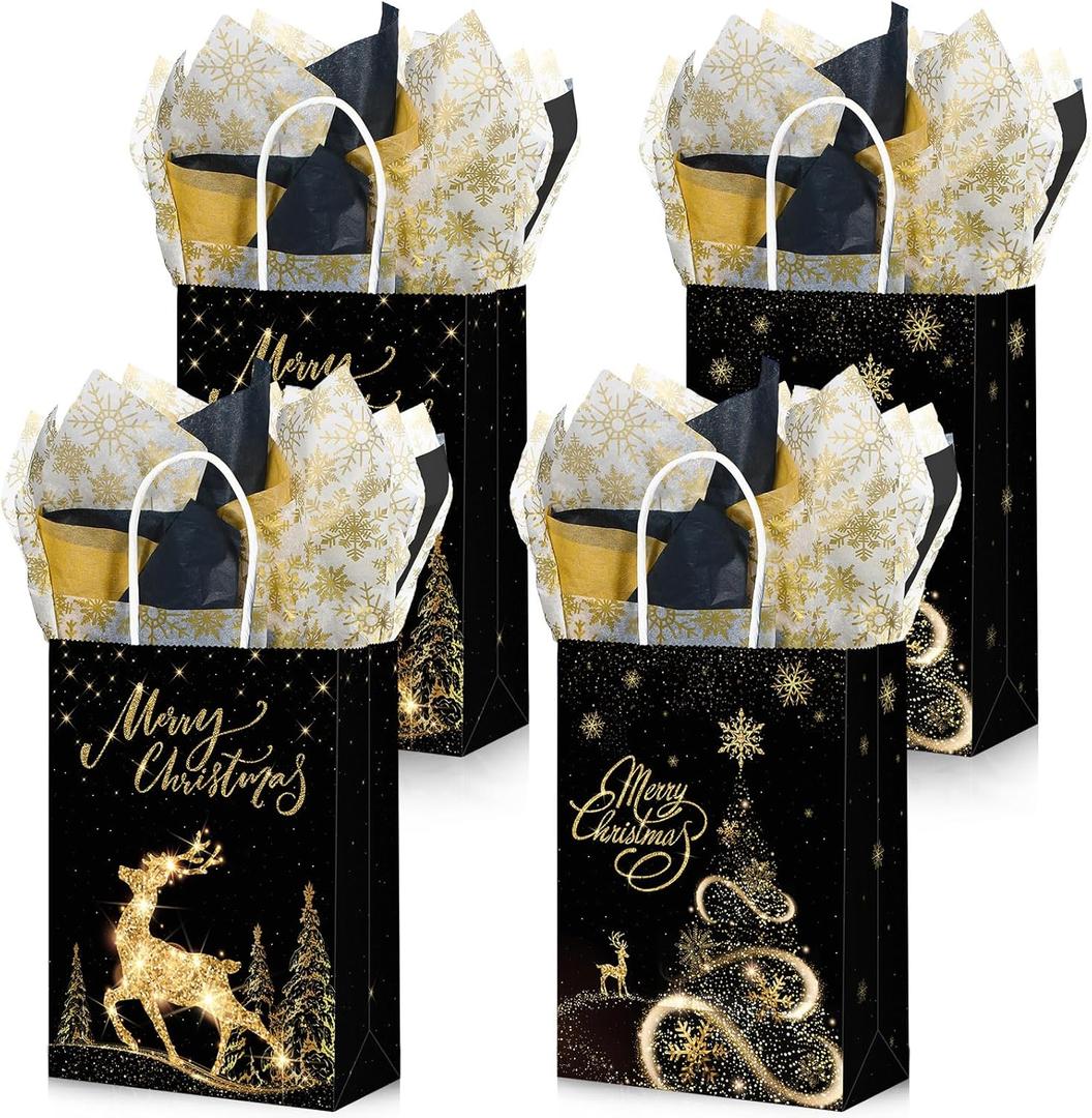 Funrous 16 Pcs Gold Black Christmas Bags with Tissue Paper Xmas Black and Gold Gift Bags Metallic Gold Black Goody Treat Bags with Handles for Christmas Thanksgiving Candy Cookies Party Supplies