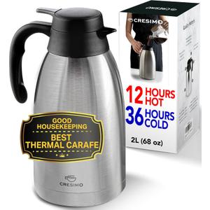Cresimo Thermal Coffee Carafe 68oz / 2L - 12 Hours Hot Beverage Dispenser, Insulated Stainless Steel Carafe for Liquids, Coffee Carafes For Keeping Hot Water Dispenser for Parties - Large Tea Flask (Silver)