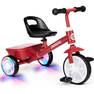 Bobike Toddler Tricycle for Ages 2-5 Years, Tricycle with 2 LED Light Wheels, Toddler Bike with 3-Position Seat and Rear Basket, Kids Bike Gift for Boys & Girl (Red)