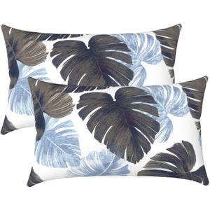 LVTXIII Set of 2 Patio Lumbar Pillows, 12x20 Fade Resistant Outdoor Lumbar Pillow with Inners, Fluffy Decorative Garden Lumbar Cushions for Home Patio Coach Sofa Use, Monstera Blue