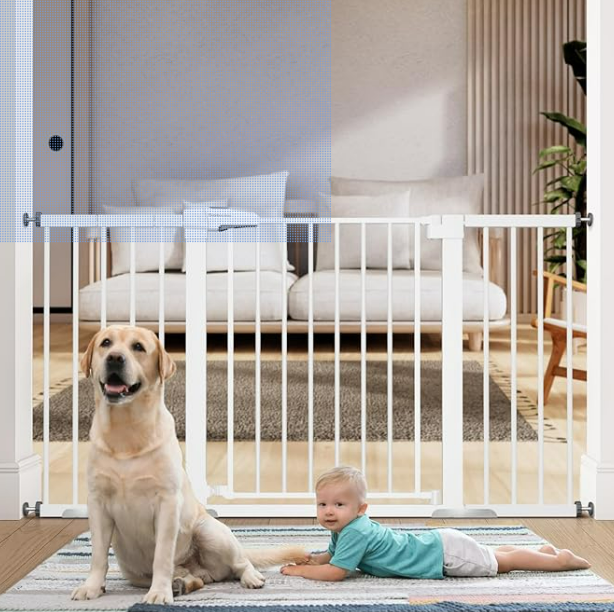 BABELIO 29-55 Inch Extra Wide Baby/Dog Gate, Metal Auto Close for The House and Doorways, Pressure Mounted Pet Door, NO Need Tools and Drilling, with Wall Cups, White