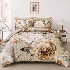Dintszyayue Khaki Floral Comforter Set King Size 7 Pieces Bed in a Bag Elegant Flower Bedding Set for All Season with Flat Sheet, Fitted Sheet, Pillowcases & Shams