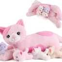 5 Pieces Cat Stuffed Animals with Babies Inside Belly - 1 Mommy Stuffed Cat with 4 Kittens - Stuffed Kitty Plush Toys for Kid Age 3-8, Gift Ideal for Christmas, Valentine's, Birthday (Pink)