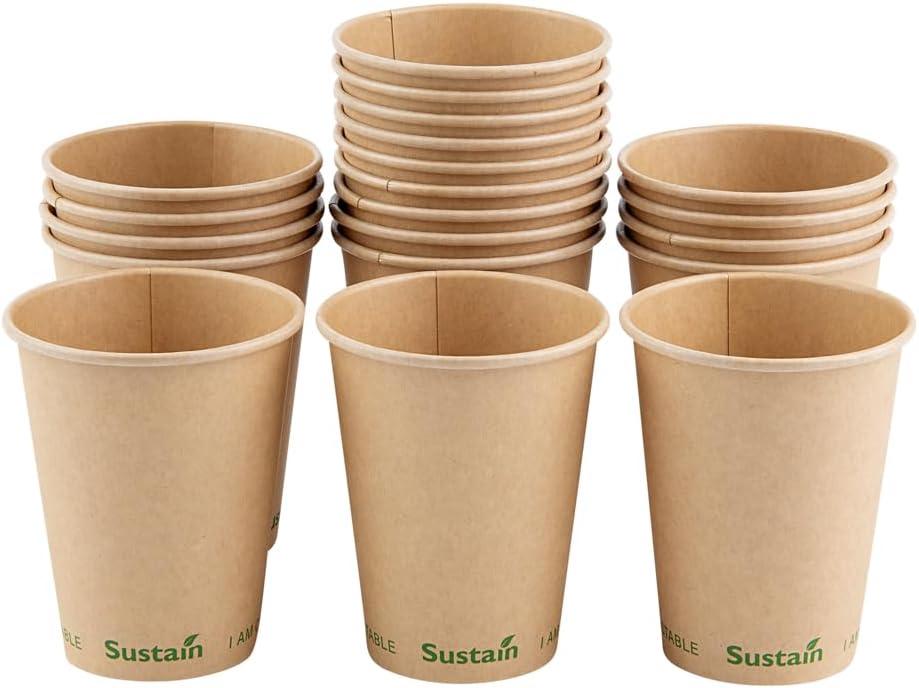 Restaurantware-Sustain 12 Ounce BPI-Certified Hot Cups, 50 Single Wall Coffee Cups - Lids Sold Separately, Leakproof PLA Coating, Compostable Kraft Paper Cup, For Hot Or Cold Drinks