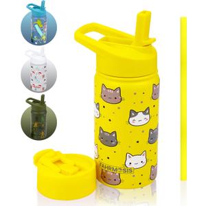 14 OZ Kids Water Bottle with Straw & 2 Lids (Flip & Spout) Leak Proof Metal Insulated Stainless Steel Reusable Tumbler for School & Sports Water Bottle - Yellow (Cat)
