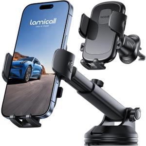 Lamicall Phone Mount for Car [3-in-1 Military-Grade Suction Cup] 360 Rotation Phone Holders for Your Car [Metal Hook] Cell Phone Car Mount Dashboard Vent Windshield All Smartphone LeatherGrain