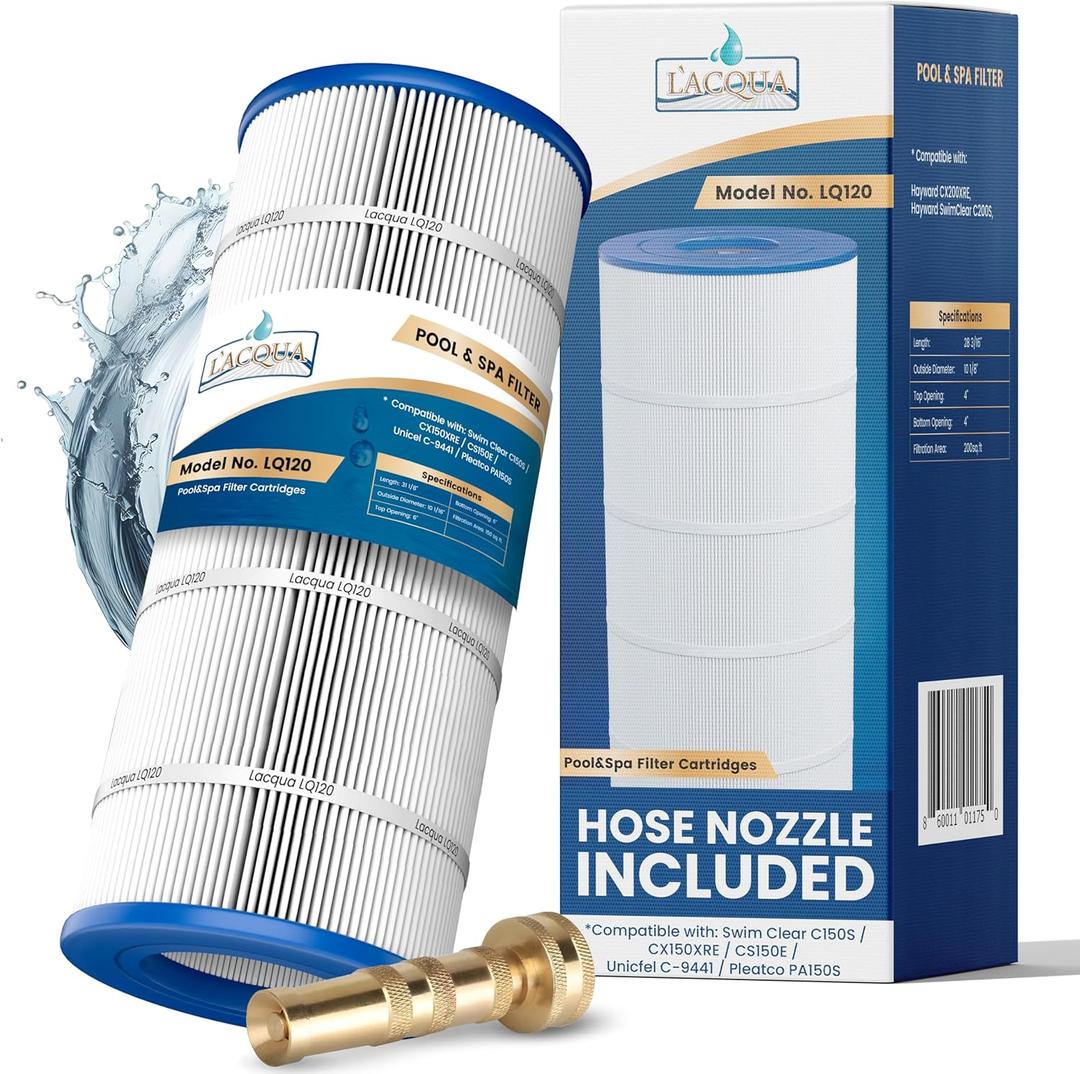 LACQUA Pool Filter Cartridge LQ120 120 SqF for Hayward C1200, CX1200RE, Pleatco PA120, PA120-EC, Unicel C-8412, Filbur FC-1293, Clearwater II 125, Waterway PCCF-125. Hose Nozzle Included
