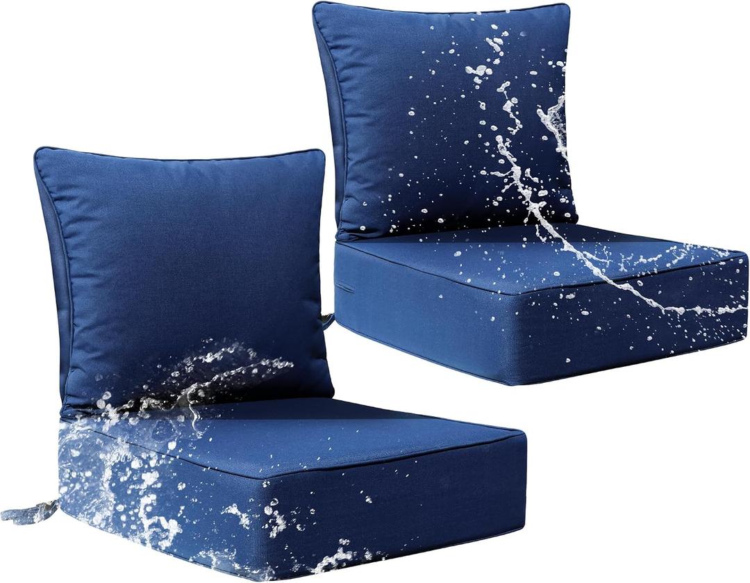 Patio Furniture Cushion Set, 24 x 24 x 6 Replacement Outdoor Chair Cushions for Patio Furniture with Removable Cover, Buckle straps, 30D High Density Sponge Filling Wicker Chair Cushion, Blue, 24x24x6 Inch | 2 Pack
