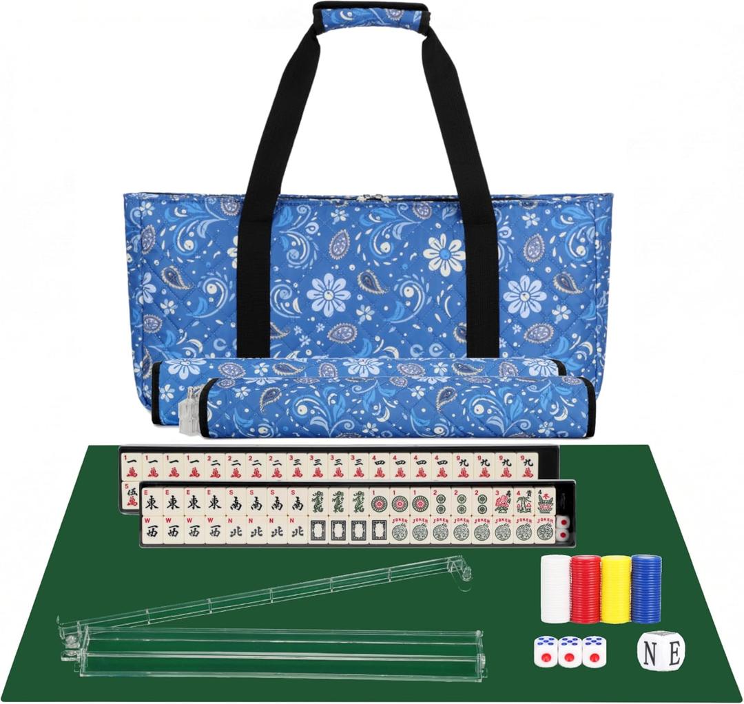 PiPiCat Complete American Mahjong Set, 166 Tiles (30mm) with 31.5x31.5in Mat One-Click Flip Reinforced 18-Inch Rack/Pushers Shockproof Bag & 6 Spare (Ethnic Style Blue)