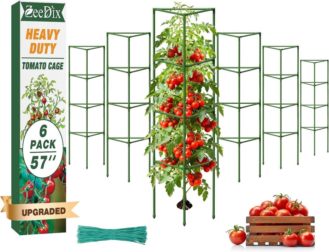 [Upgraded] ZeeDix 6 Pack Heavy Duty Tomato Cages for Garden, 57 Inch Foldable Plant Trellis Support Stakes for Heavy Climbing Plants, Adjustable Tomato Cage for Indoor Pots & Raised Garden Bed Outdoor