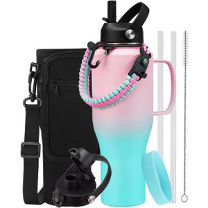 40 oz Water Bottle with Handle - Insulated Water Bottle with Straw, Auto Spout Lid, Carrying Pouch, Paracord Handle & Protective Boot, Travel Coffee Tumbler Thermal Flask for Road Trip Bike