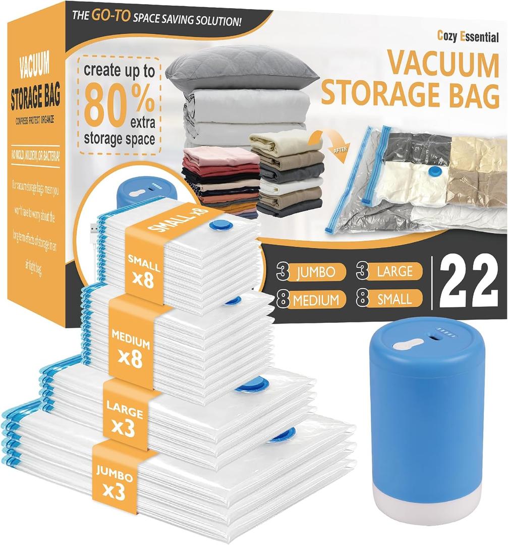 Cozy Essential Travel Vacuum Storage Bags with Rechargeable Cordless Electric Pump, Space Saver Bags for Luggage, Suitcase, Carry-On, for Clothes, Blankets, Comforters, Pillows, 22 Combo