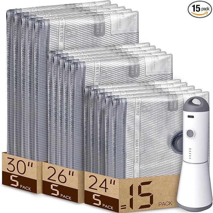 Vacbird Vacuum Bags for Travel with Rechargeable air Pump, 15 Pack Carryon Size Compression Packing Bags for Luggage and Suitcase, Space Saver for Clothes and Clothing Travel